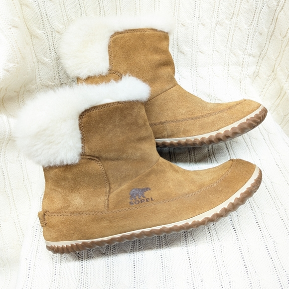 Sorel Shoes - Sorel Women's Out N' About Brown Suede Leather Winter Boots White Fur Trim Sz 11